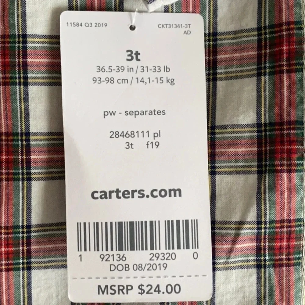 NWT Carter’s Toddler Boy3T Plaid Button down shirt
